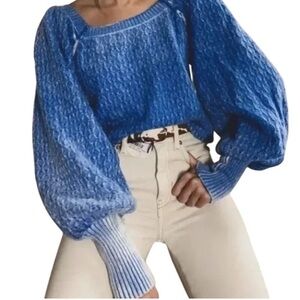 Free People Powder Blue Textured Balloon-Sleeve Sweater